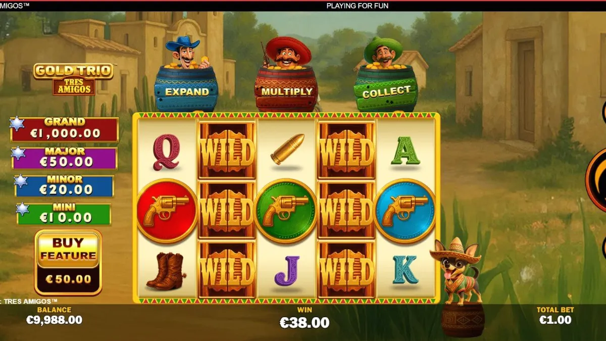 Suasana gurun Meksiko yang misterius dengan elemen bandit dan koin emas dalam slot Gold Trio: Tres Amigos